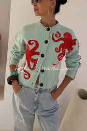 Octopus Graphic Knit Cardigan – Loose Fit Button-Up Sweater
