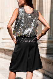Sequin Sleeveless Vest Top | Loose Fit Round Neck