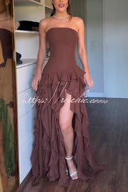 Off-Shoulder Maxi Dress with High Slit and Ruffle Detail