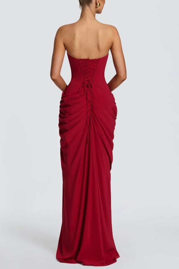 Chiffon Strapless Maxi Dress with Asymmetrical Pleats & Slit