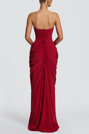 Chiffon Strapless Maxi Dress with Asymmetrical Pleats & Slit
