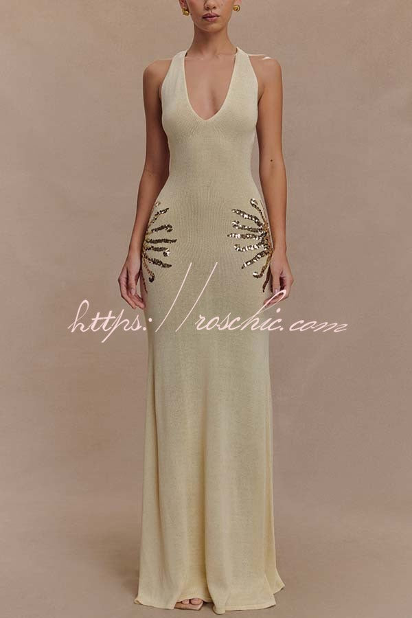 Sequin Knit Maxi Dress with Open Cross-Strap Back
