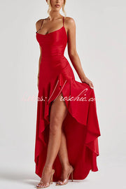 Satin Back Lace-Up High Low Ruffle Maxi Dress