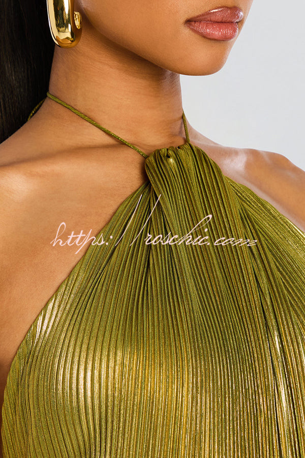 Metallic Pleated Halter Maxi Dress with Open Back & Slit