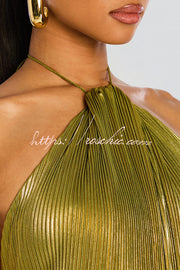Metallic Pleated Halter Maxi Dress with Open Back & Slit