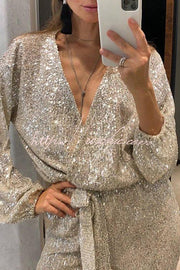 Sequin Long Sleeve Belted Wrap Jumpsuit – Loose Fit