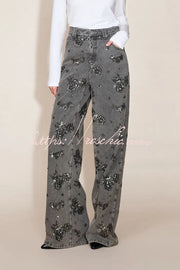 Beaded Sequin Floral Wide Leg Jeans Mid Rise with Pockets