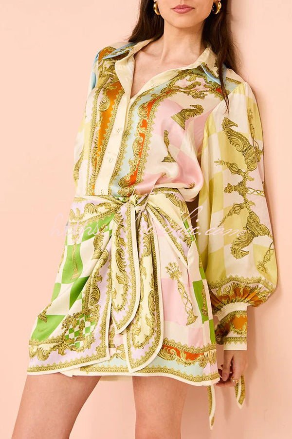 Satin Printed Tie-Up Wrap Mini Dress with Balloon Sleeves