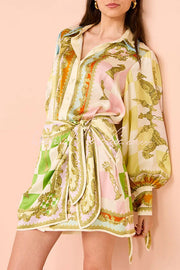 Satin Printed Tie-Up Wrap Mini Dress with Balloon Sleeves