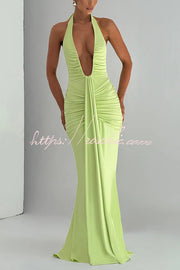 Halter V-Neck Open Back Maxi Dress – Solid Color Slim Fit