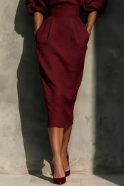 Puff Sleeve High-Waisted Midi Dress with Pockets