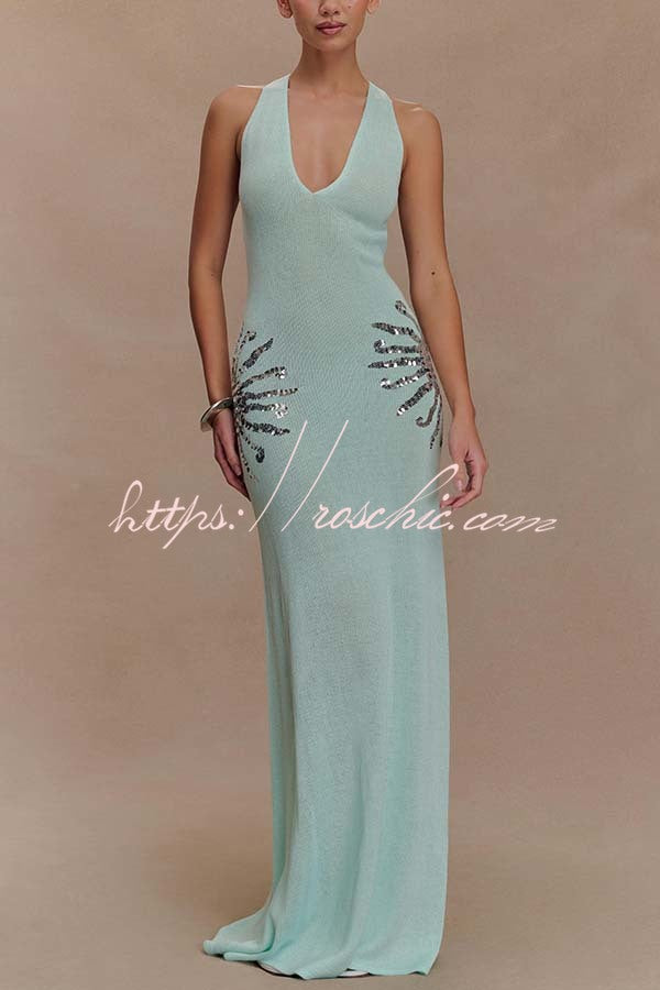Sequin Knit Maxi Dress with Open Cross-Strap Back