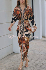Printed Dolman Sleeve Ruched Slit Midi Dress