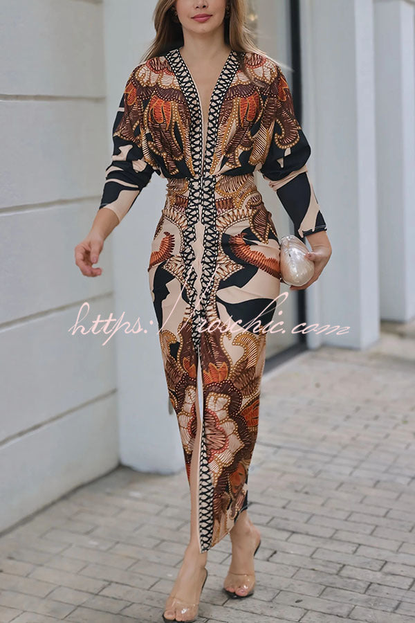 Printed Dolman Sleeve Ruched Slit Midi Dress