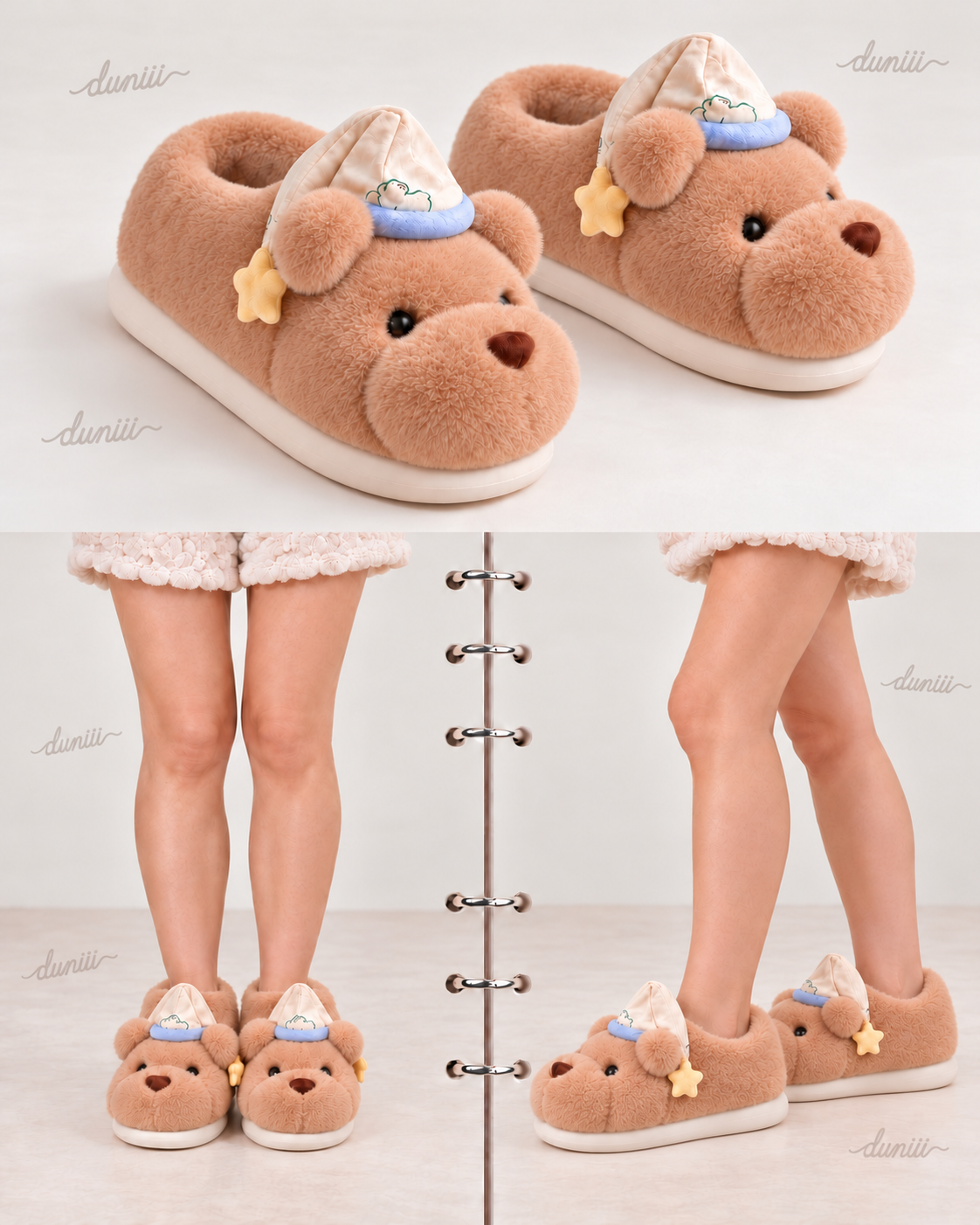 Duniii Plush Bear Face Slippers with Star Accents