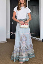 Linen Blend Paisley Maxi Skirt High Rise Tie Waist Vacation