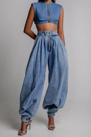 High Waist Vintage Cuffed Loose Denim Jeans