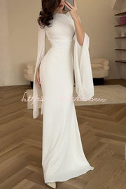 Ruched Organza Satin Patchwork Maxi Dress with Bell Sleeves