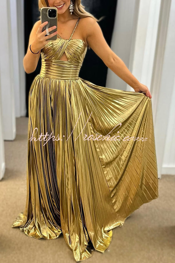 Metallic Fabric Cross Neck Pleated Maxi Dress with Slit