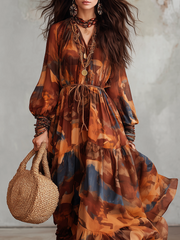 Bohemian Abstract Print Maxi Dress in Sunset Tones