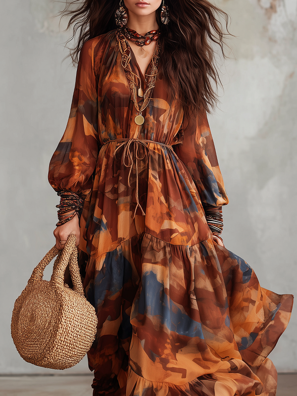 Robe longue bohème à imprimé abstrait dans les tons coucher de soleil
