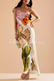 Floral Print One Shoulder Maxi Slip Dress with Side Ruffles