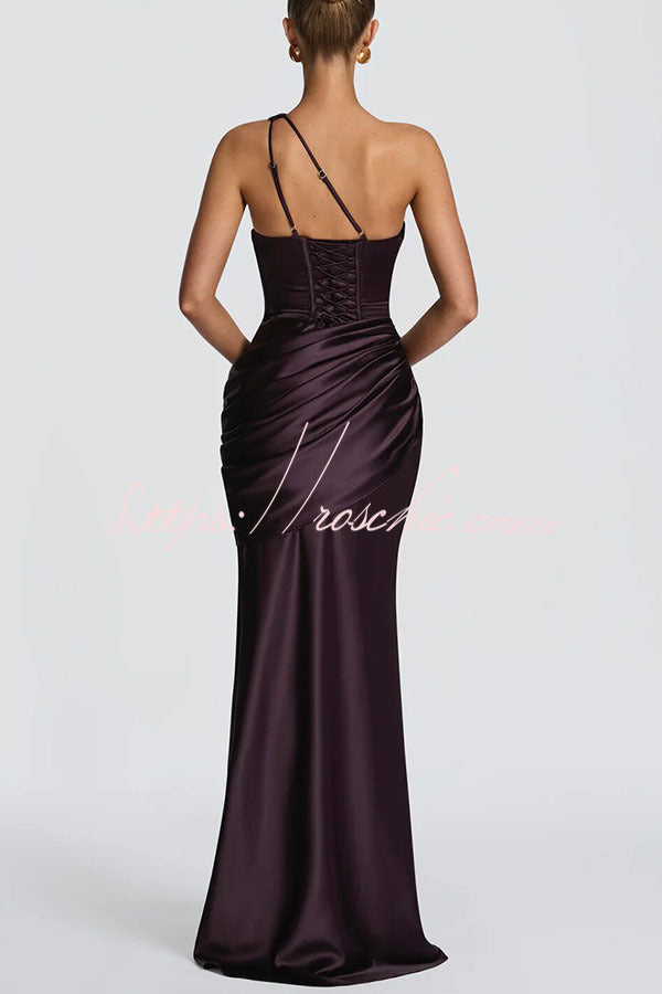 Satin One-Shoulder Maxi Dress with Corset Back Lace-Up