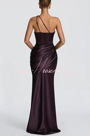 Satin One-Shoulder Maxi Dress with Corset Back Lace-Up