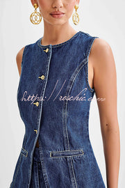 Denim Sleeveless Button-Up Vest Top with Princess Seams