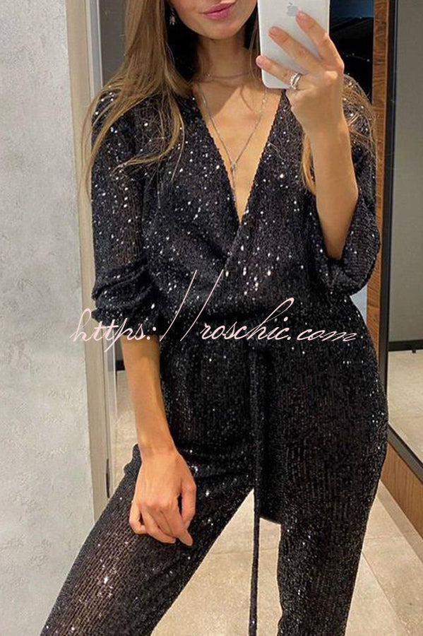 Sequin Long Sleeve Belted Wrap Jumpsuit – Loose Fit