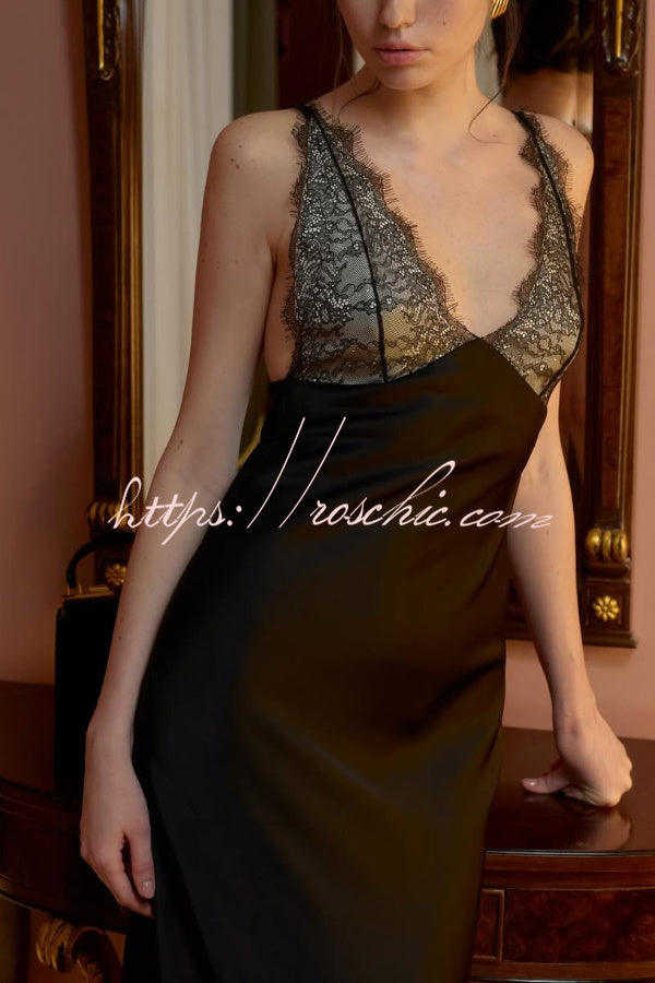 Satin Lace Patchwork Backless Maxi Dress – Slim Fit