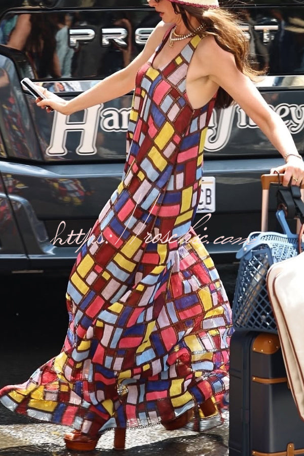 Color-block Plaid Print Sleeveless Maxi Dress – Loose Fit