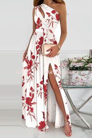 Floral One-Shoulder Cutout Slit Maxi Dress