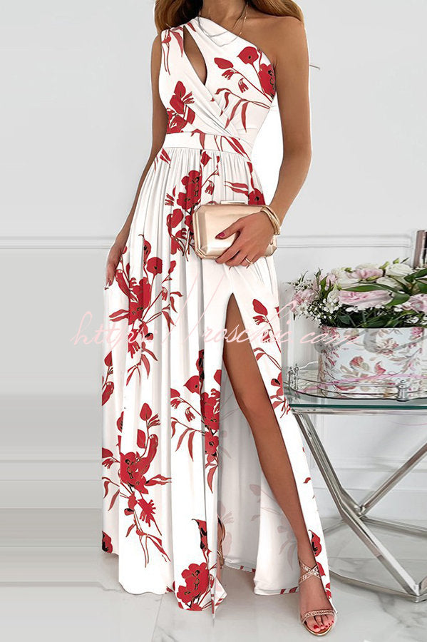 Floral One-Shoulder Cutout Slit Maxi Dress