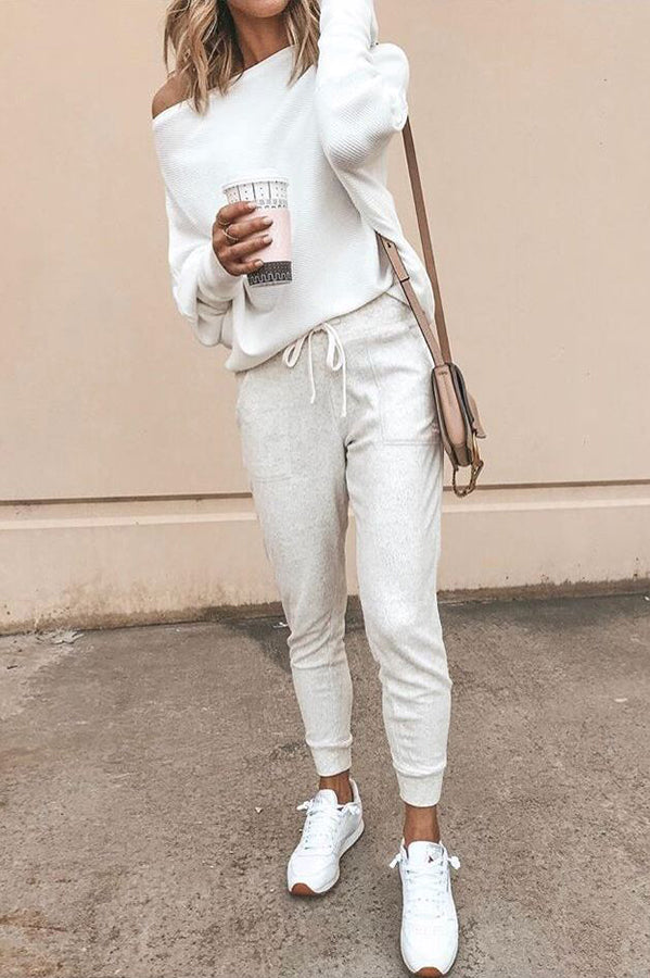 Ribbed Off Shoulder Long Sleeve Top – Loose Casual Fit