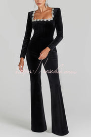 Black Velvet Jumpsuit with Jeweled Trim and Flared Pants