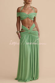Stretch Mesh Cutout Waist Gathered Maxi Skirt with Gold Detail