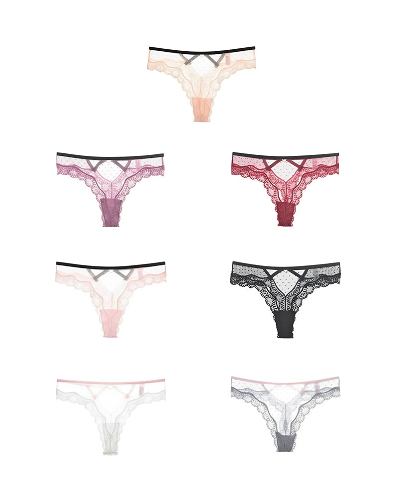 Sheer Lace Thong with Heart Mesh & Scalloped Detail