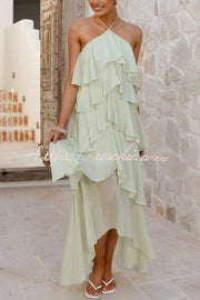 Chiffon Halter Neck Ruffle Maxi Dress – Loose Fit
