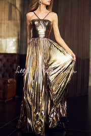Metallic Fabric Cross Neck Pleated Maxi Dress with Slit