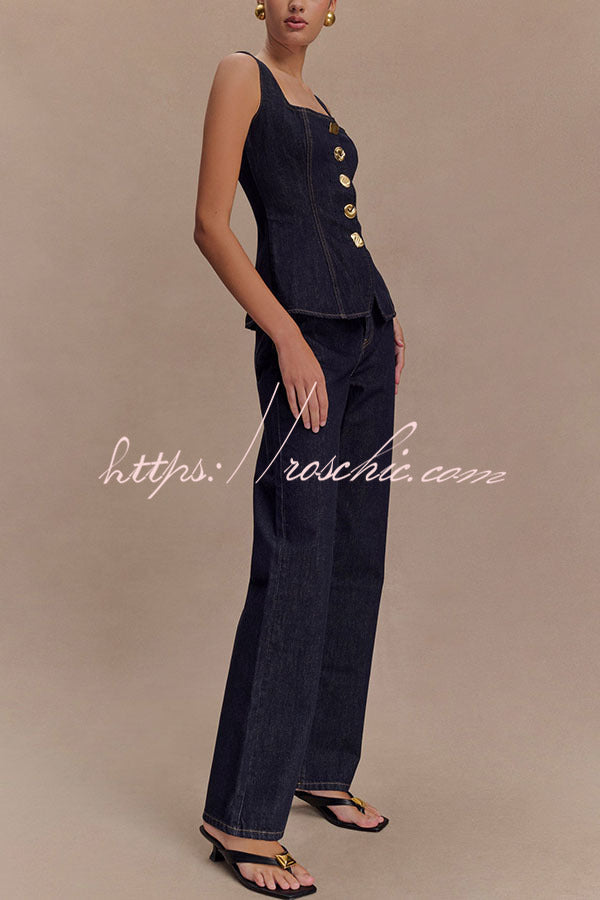 Denim Square Neck Sleeveless Button-Up Vest Top