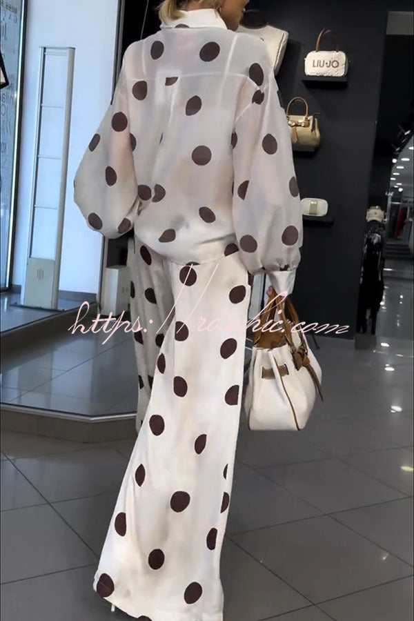 Polka Dot Sheer Balloon Sleeve Shirt & Wide Leg Pants Set