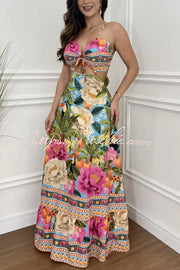 Tropical Print Maxi Dress - Lace-Up V Neck Vacation Dress