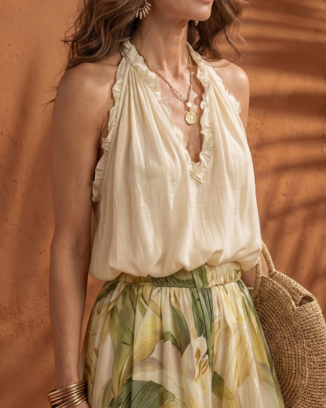 Floral Chiffon Halter Top and Wide Leg Pants Set – Boho Two-Piece