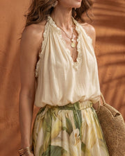 Floral Chiffon Halter Top and Wide Leg Pants Set – Boho Two-Piece