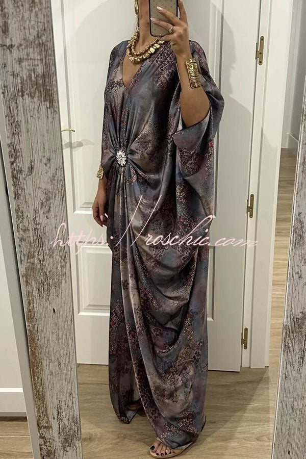 Satin Gemstone Embellished Maxi Dress with V-Neck Print