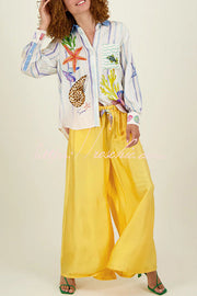 Satin Ocean Print Oversized Button-Down Blouse