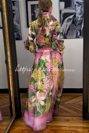 Tulle Floral Print Balloon Sleeve Blouse with Belt
