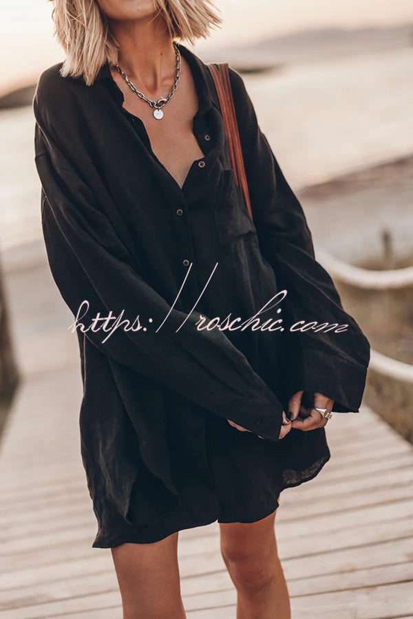 Linen Blend Oversized Long Sleeve Shirt with Pockets