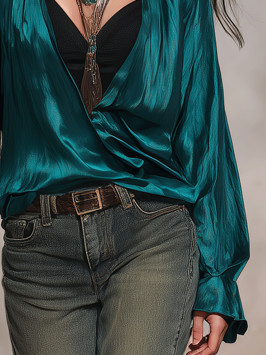 Jewel Tone Satin Blouse | Relaxed Long Sleeve Resort Top